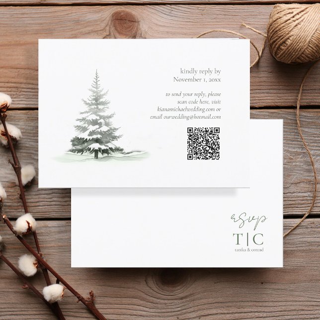 Rustic Winter Wedding QR Code Forest Green ID1049 RSVP Card (Creator Uploaded)