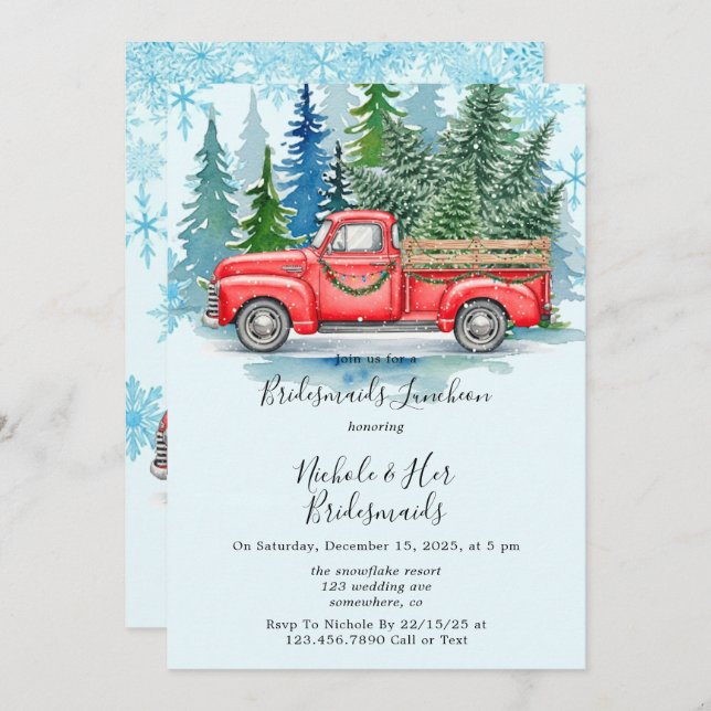 Rustic Winter Wedding Truck Bridesmaids Luncheon Invitation (Front/Back)