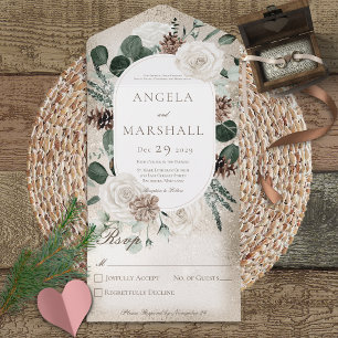 Rustic Winter White Floral Gold No Dinner All In One Invitation