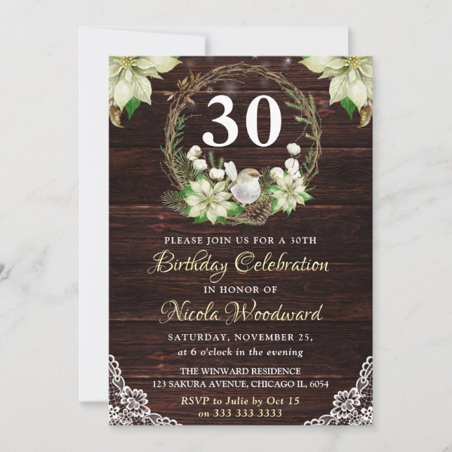Rustic Winter White Robin & Holly Wreath Birthday Invitation (Front)