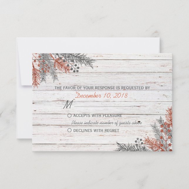 Rustic Winter Whitewashed Wood Wedding RSVP (Front)