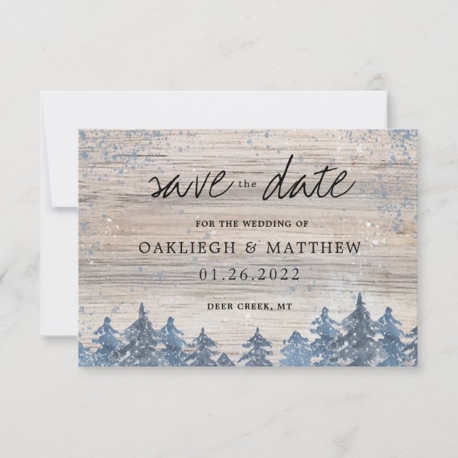 Rustic Winter Wood Watercolor Forest Save the Date (Front)