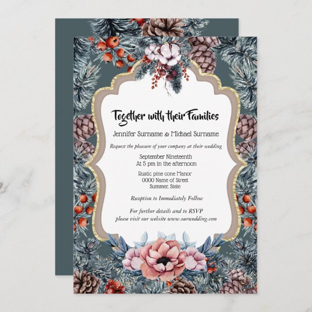 Rustic winter woodgrain pine cone berry holiday invitation (Front/Back)