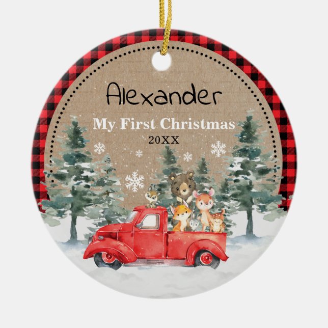 Rustic Winter Woodland Animals Baby 1st Christmas Ceramic Ornament (Front)