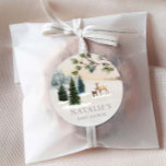 Rustic Winter Woodland Baby Shower Classic Round Sticker<br><div class="desc">These favour stickers were designed with a cosy woodland scene a delightful addition to your envelopes or party favour bags. Click Personalise to edit all text. Matching items in our Elegant Winter Forest Baby Shower Collection - Designed by Cava Party Design.</div>