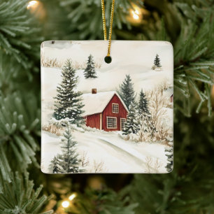 Rustic Winter Woodland Cabin Christmas Ceramic Ornament