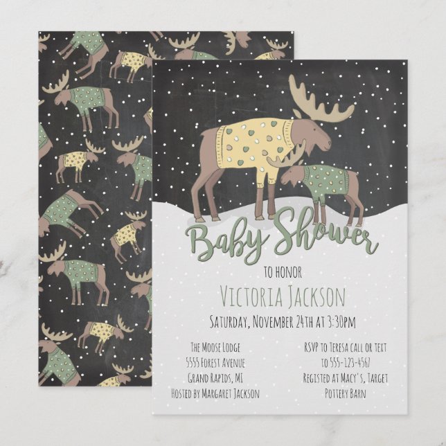 Rustic Winter Woodland Moose and Baby Shower Invitation (Front/Back)