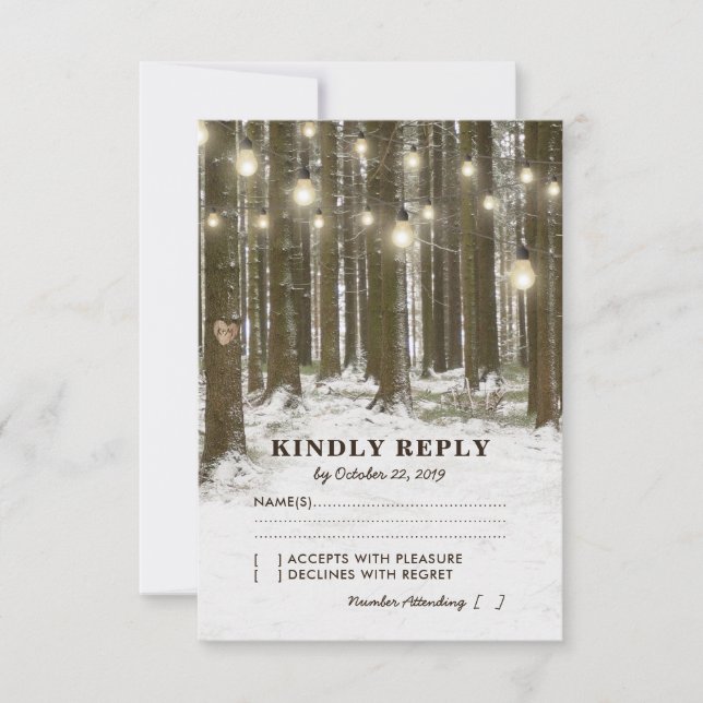 Rustic Winter Woodland Tree Lights Wedding RSVP Card (Front)