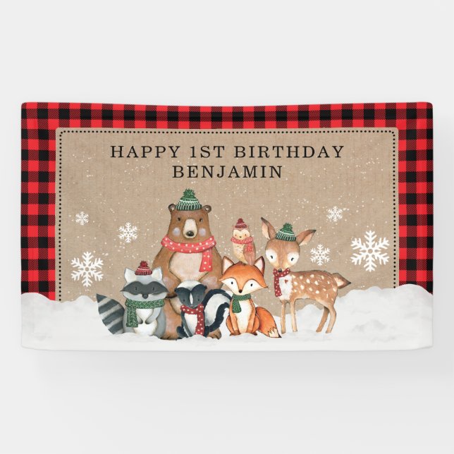 Rustic Winter Woodland Wild Animals 1st Birthday Banner (Horizontal)