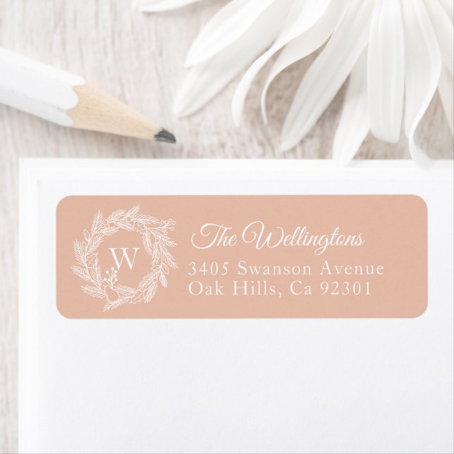Rustic Winter Wreath Monogram Blush Address Return Address Label (Insitu)
