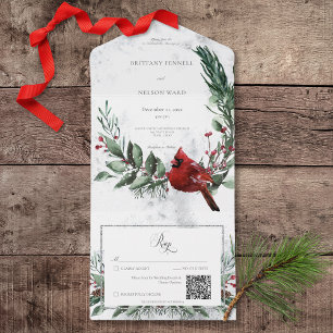 Rustic Winter Wreath & Red Cardinal QR Code All In One Invitation