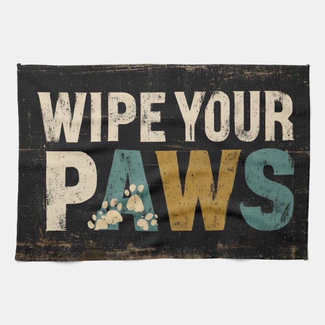 Rustic "Wipe Your Paws" Sign with Paw Prints Tea Towel (Horizontal)
