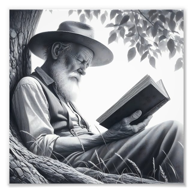 Rustic Wisdom: Bearded Man Reading Outdoors Photo Print (Front)