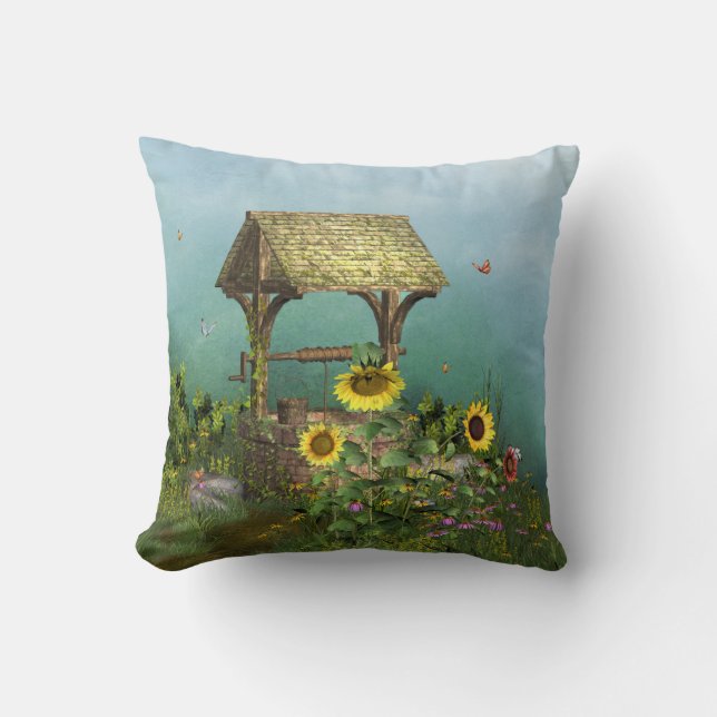 Rustic Wishing Well Garden Cushion (Front)