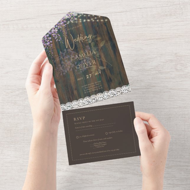 Rustic Wisteria Wood Lace Lights Purple Wedding All In One Invitation (Tearaway)