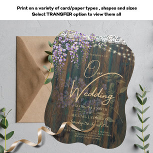 Rustic Wisteria Wood Lace Lights Purple Wedding Invitation