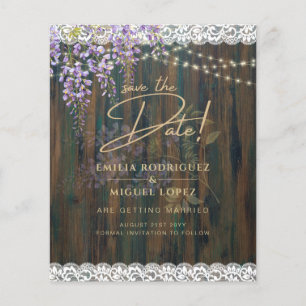 Rustic Wisteria Wood Lace Lights Wedding Save Date