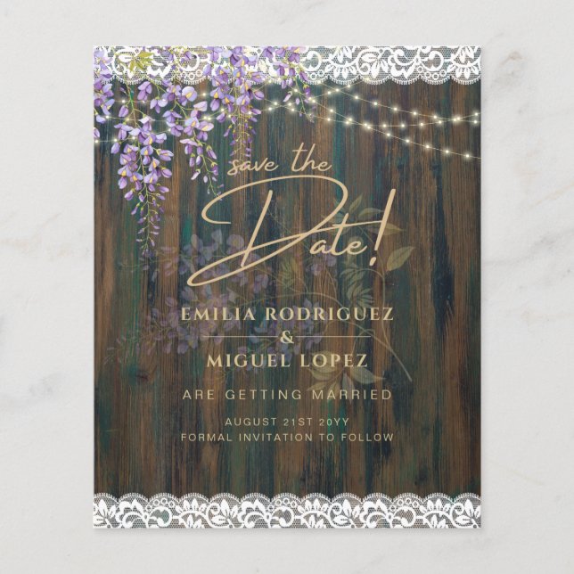 Rustic Wisteria Wood Lace Lights Wedding Save Date (Front)