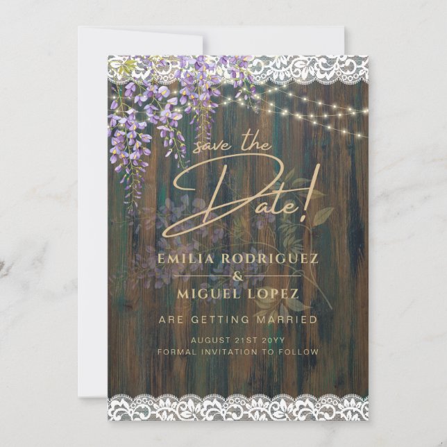 Rustic Wisteria Wood Lace Lights Wedding Save Date Invitation (Front)