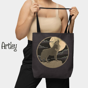 Rustic Wolf Howling Moon Night Sky Logo  Tote Bag