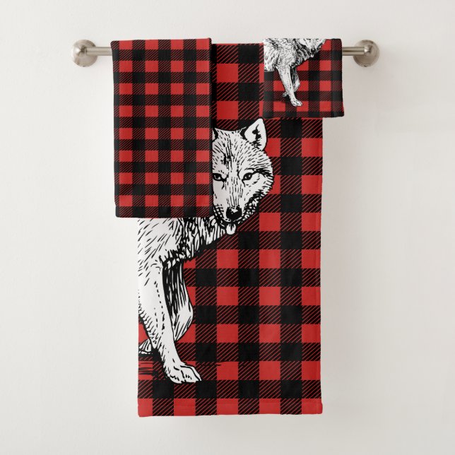 Rustic Wolf Red & Black Buffalo Check Plaid Bath Towel Set (Insitu)