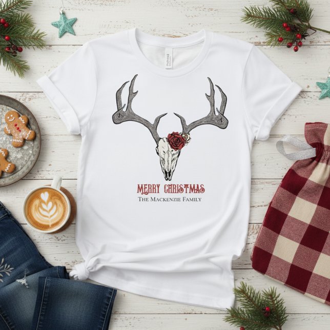 Rustic Women's Deer Head Reindeer Skull Antlers T-Shirt (Country Christmas Womens T-Shirt. Rustic Merry Christmas Floral Reindeer Skull Antlers Illustration)