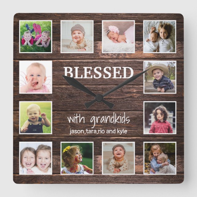 Rustic Wood 12 Photo Blessed With Grandchildren   Square Wall Clock (Front)