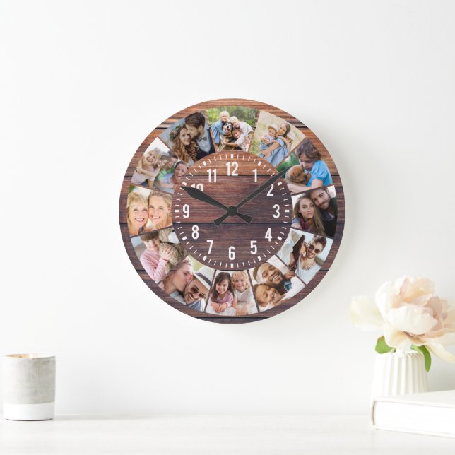 Rustic Wood 12 Photo Collage Large Clock (Home)