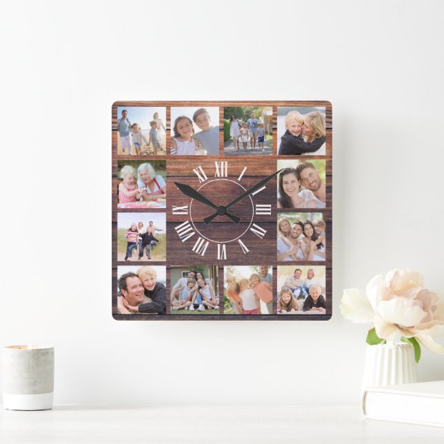 Rustic Wood 12 Photo Collage Square Wall Clock (Home)