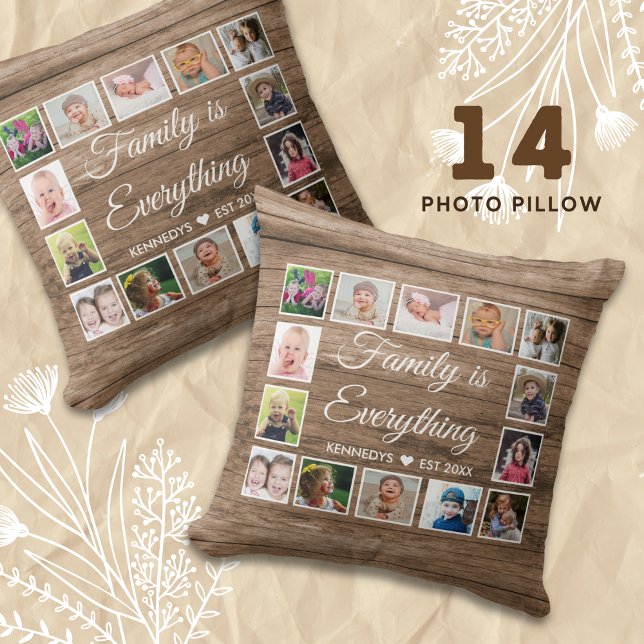 Rustic Wood 14 Photo Collage Family Quote Cushion (14 photo collage pillow)