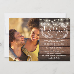 Rustic Wood 2 Photo String Lights Script Wedding Invitation