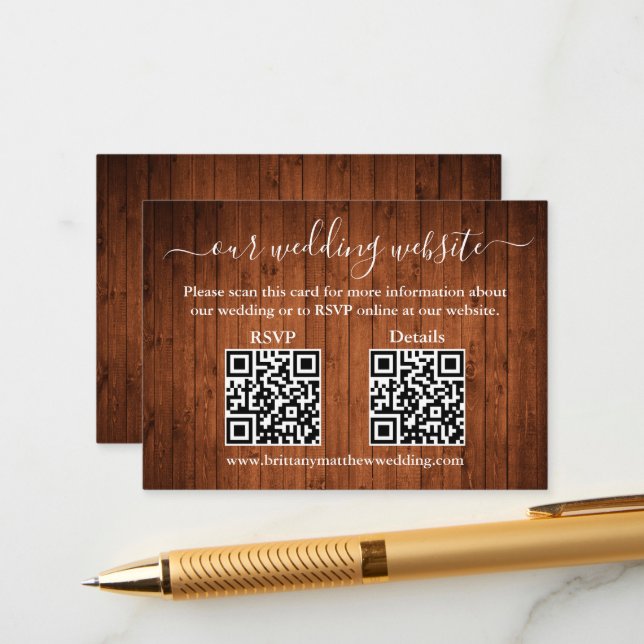 Rustic Wood 2 QR Wedding RSVP Details  Enclosure Card (Front/Back In Situ)