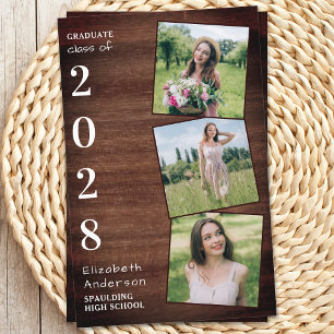 Rustic Wood 3 Photo Budget Graduation Invitation