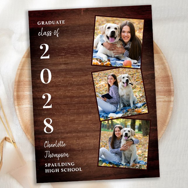 Rustic Wood 3 Photo Casual Graduation Announcement (Creator Uploaded)