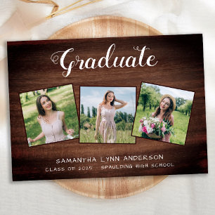 Rustic Wood 3 Photo Collage Graduation Invitation