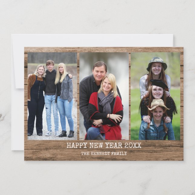 Rustic Wood 3 Photo Collage Happy New Year 2021 Holiday Card (Front)