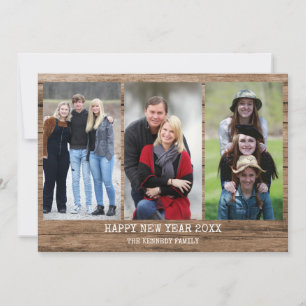 Rustic Wood 3 Photo Collage Happy New Year 2021 Holiday Card
