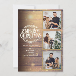 Rustic Wood 3 Photo Collage Merry Christmas Holiday Card