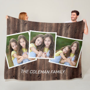 Rustic Wood 3 Photo Family Name Fleece Blanket