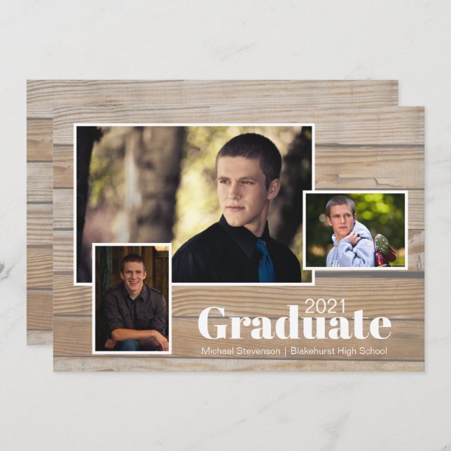 Rustic Wood 3 Photo Graduation Party Invitation (Front/Back)
