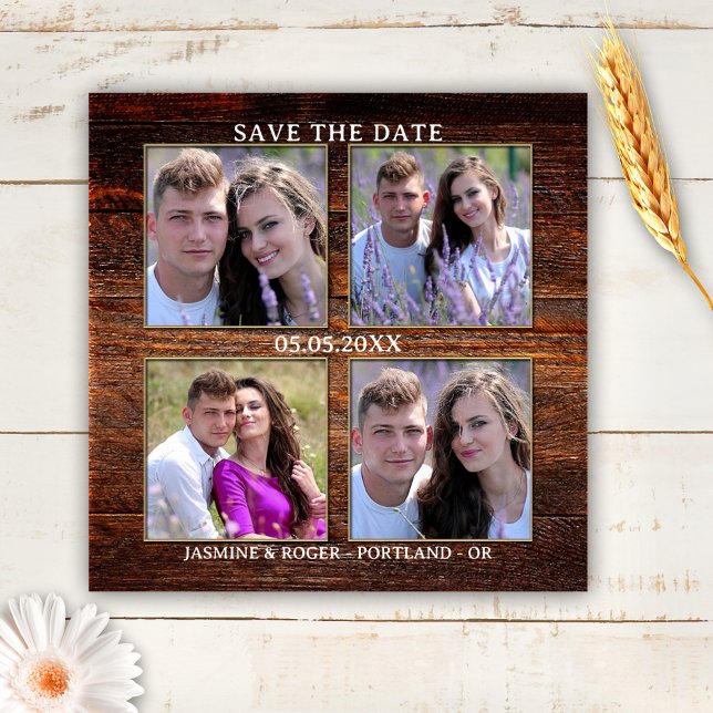 Rustic Wood 4 Custom Photos Save the Date Magnet (Save the Date magnet featuring your own 4 photos framed by a rustic wood background.)