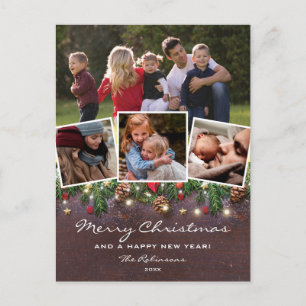 Rustic Wood 4 Photo Christmas Holiday Postcard