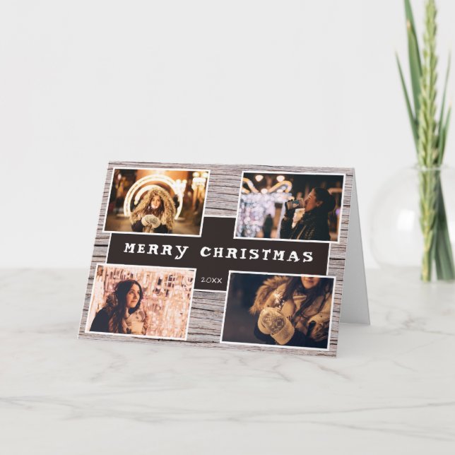 Rustic Wood 4 Photo Collage Christmas Holiday Card (Front)