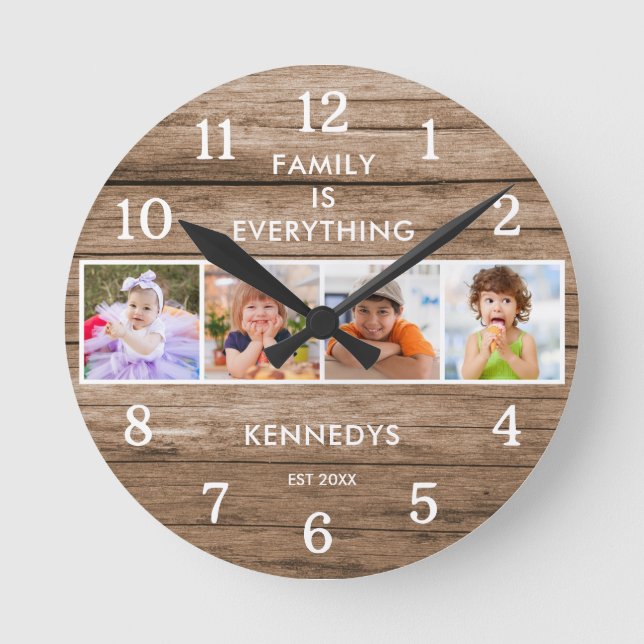 Rustic Wood 4 Photo Collage Family Is Everything Round Clock (Front)