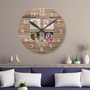 Rustic Wood 4 Photo Collage Family Name Quote Round Clock