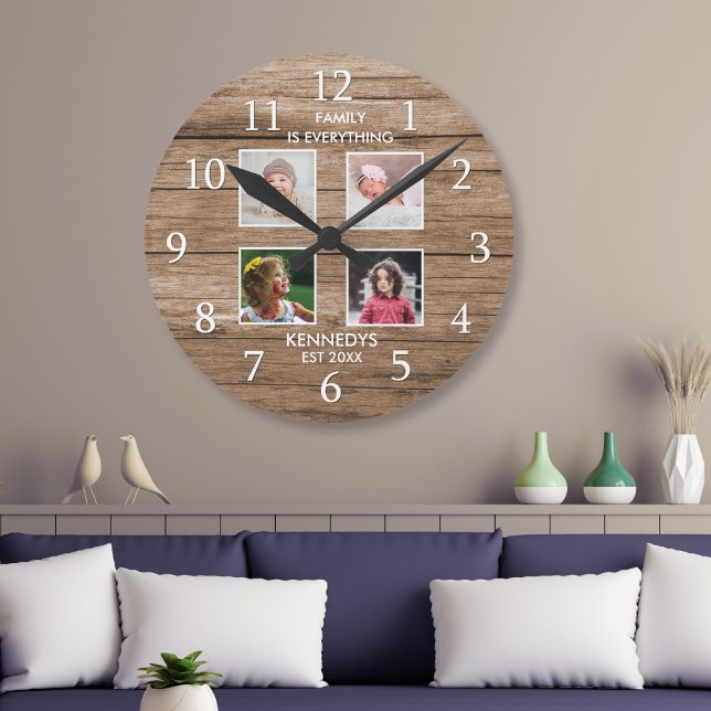 Rustic Wood 4 Photo Collage Family Name Quote   Round Clock (Rustic Wood 4 Photo Collage Family Name Quote Round Clock)