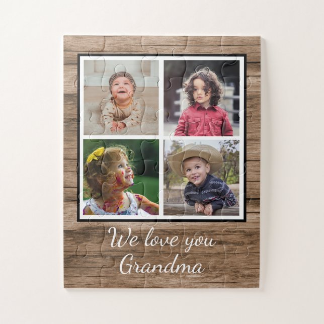 Rustic Wood 4 Photo Collage Grandma Jigsaw Puzzle (Vertical)