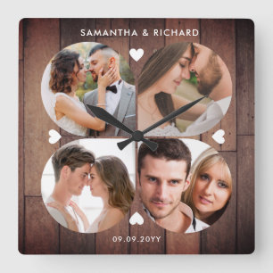  Rustic Wood 4 Photo Collage Wedding Anniversary Square Wall Clock