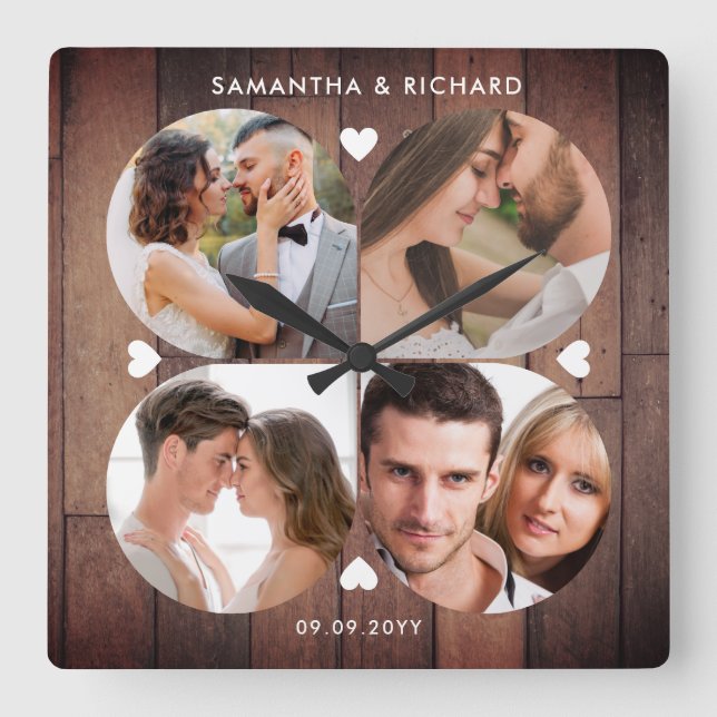  Rustic Wood 4 Photo Collage Wedding Anniversary Square Wall Clock (Front)