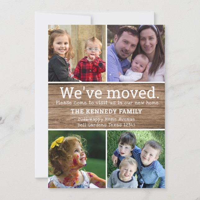 Rustic Wood 4 Photo Collage We've Moved New Home Announcement (Front)
